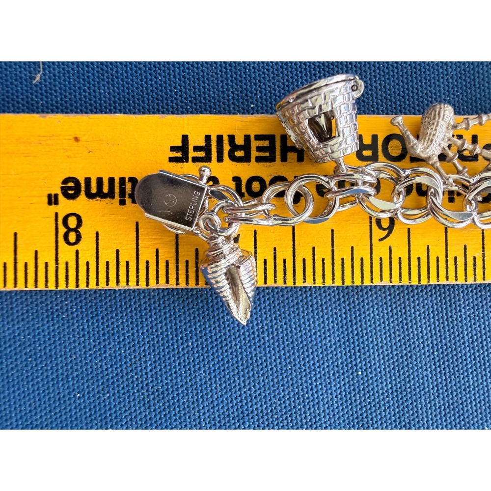 Vtg 925 Sterling Silver Charm Bracelet Frog Cactus Sewing Shell Sombrero Chunky - Picture 6 of 16